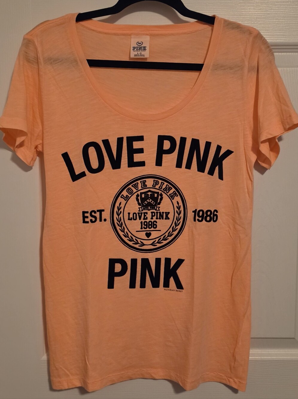 Vintage PINK Victoria's Secret Scoop Neck Tshirt Orange w/Black Velvet Logo Sz L